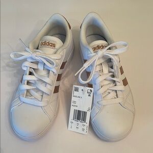 Adidas Baseline White Sneakers with Gold Metallic Stripes